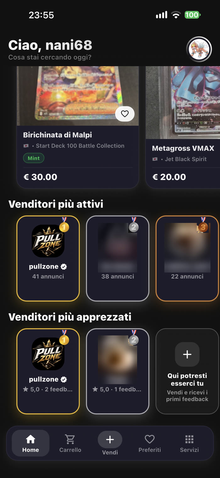 Home con le classifiche Venditori più attivi e Venditori più apprezzati, con medaglie d'oro, d'argento e di bronzo