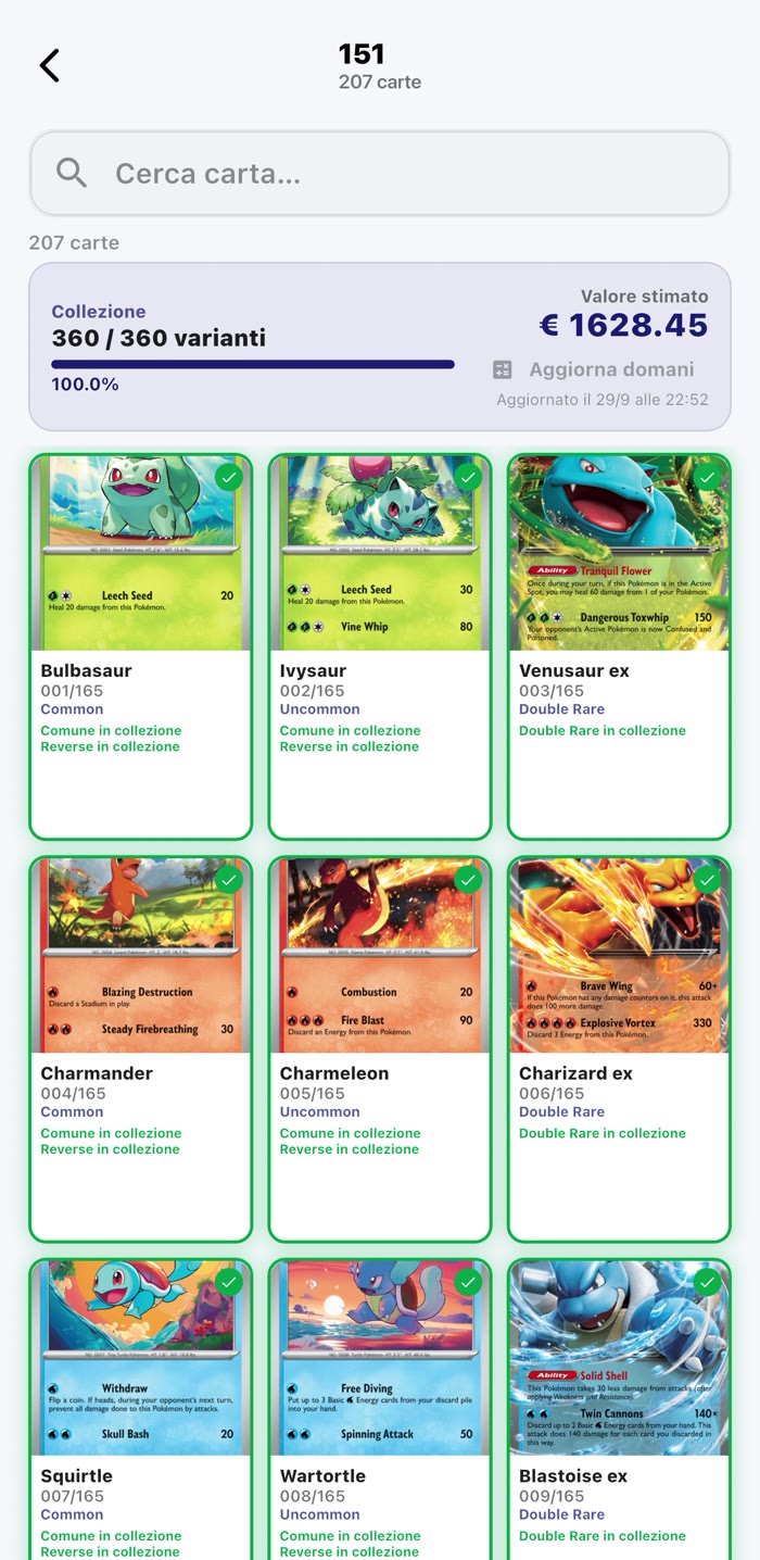 Raccoglitore del set 151 completato al 100% con il valore stimato della collezione