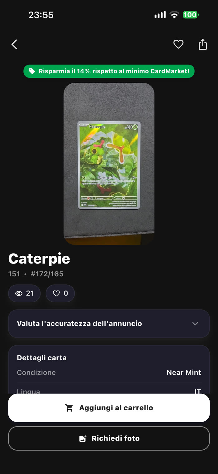 Pagina dell'annuncio con il badge di risparmio in alto e i pulsanti Aggiungi al carrello e Richiedi foto