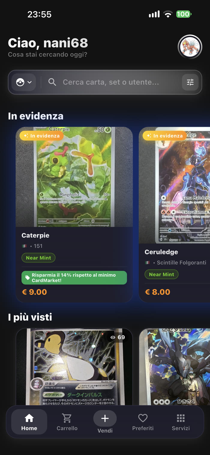 Home di CardPlace: un annuncio In evidenza con il badge verde Risparmia il 14% rispetto al minimo CardMarket
