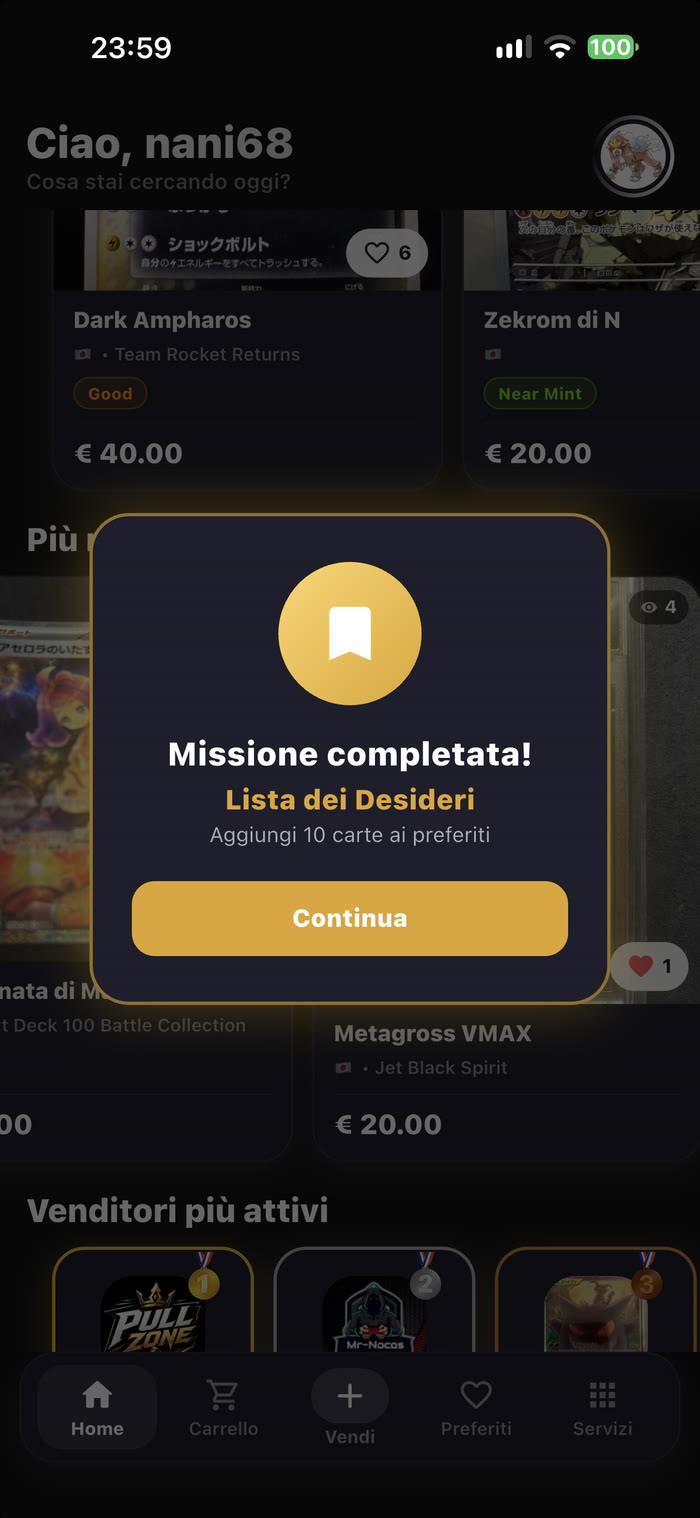 Avviso Missione completata: Lista dei Desideri, aggiungi 10 carte ai preferiti