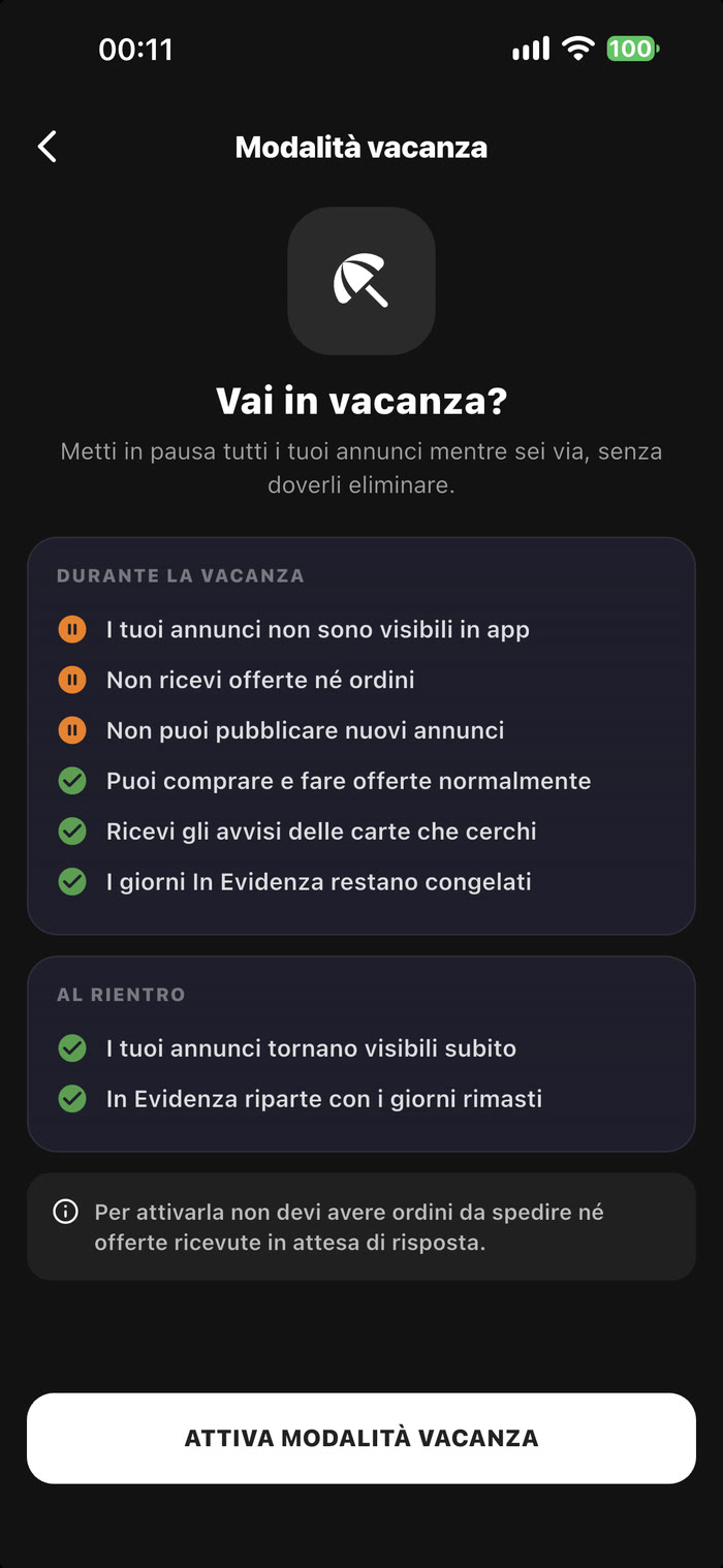 Schermata Modalità vacanza con cosa succede durante la pausa e al rientro