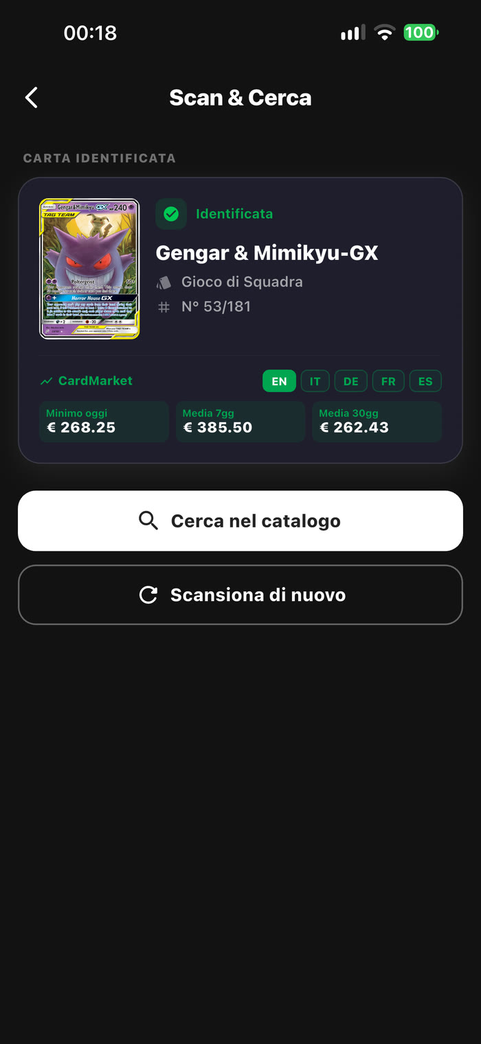La stessa carta con i prezzi CardMarket in inglese: minimo di oggi 268,25 €