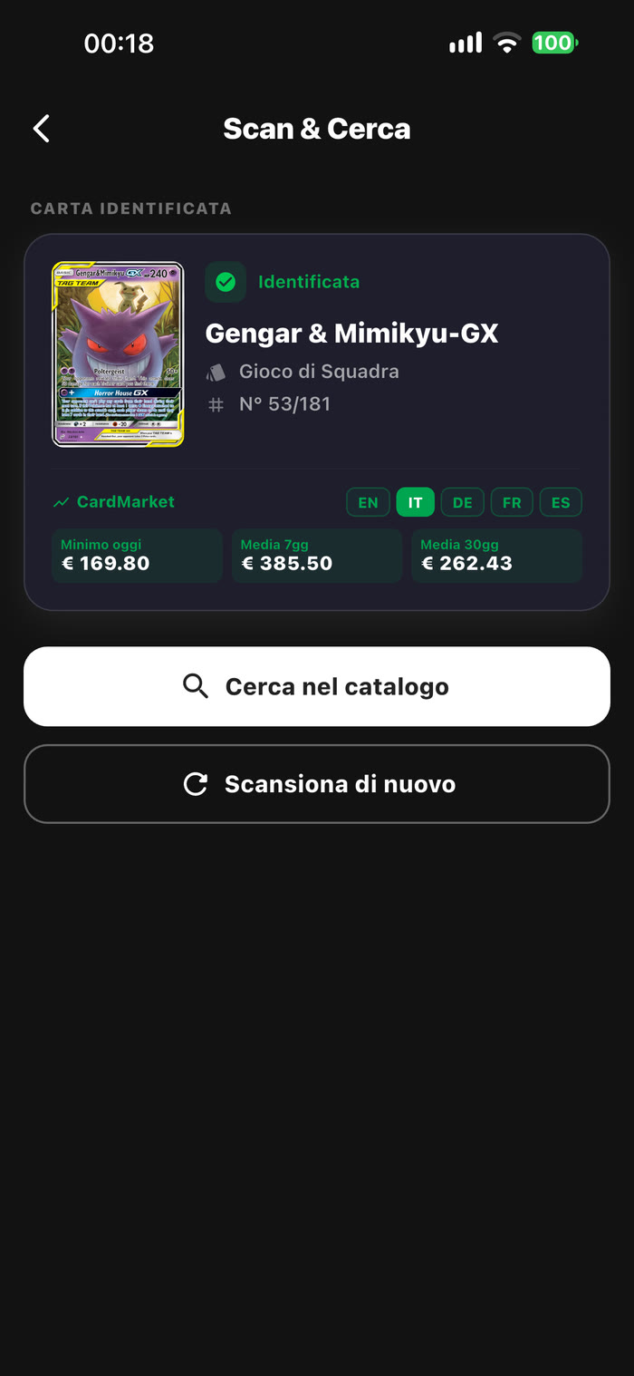 Gengar e Mimikyu-GX identificata, prezzi CardMarket in italiano: minimo di oggi 169,80 €