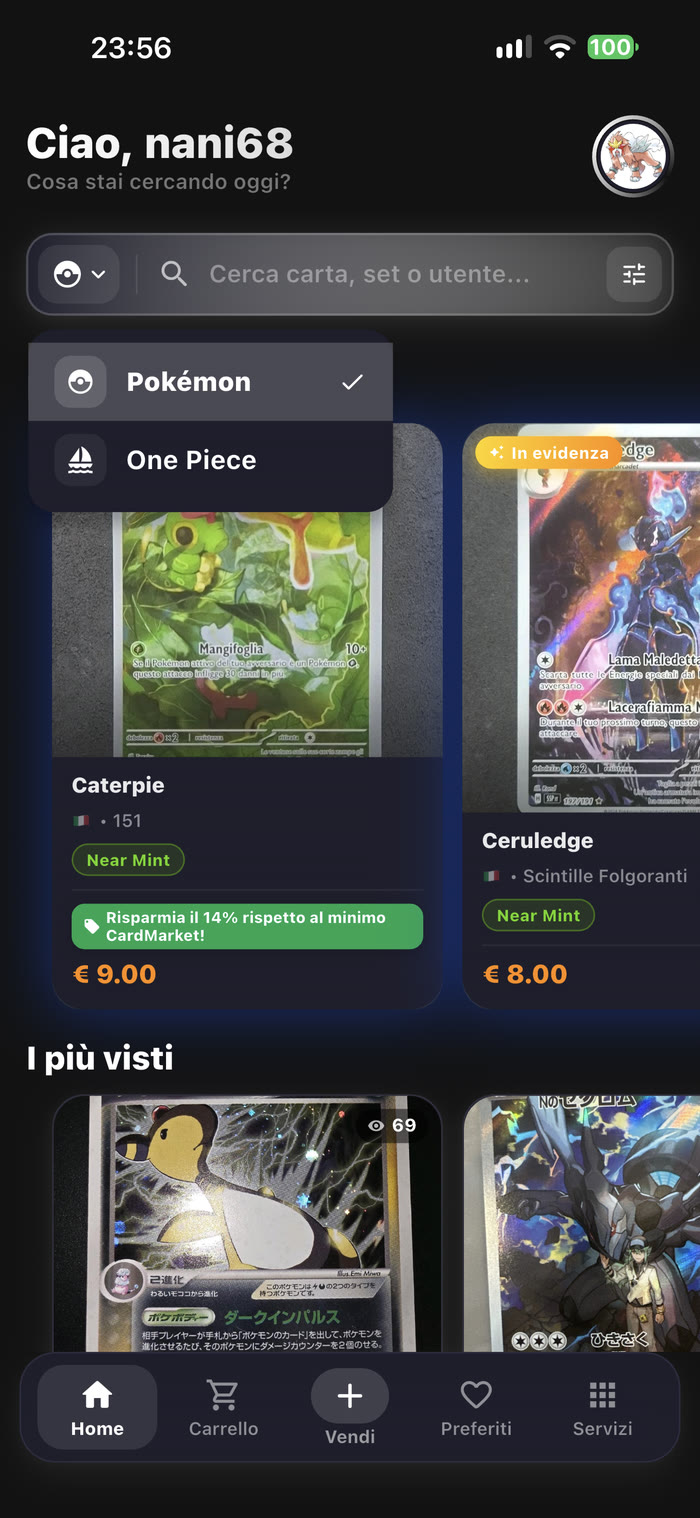 Home di CardPlace con il menu per scegliere tra Pokémon e One Piece