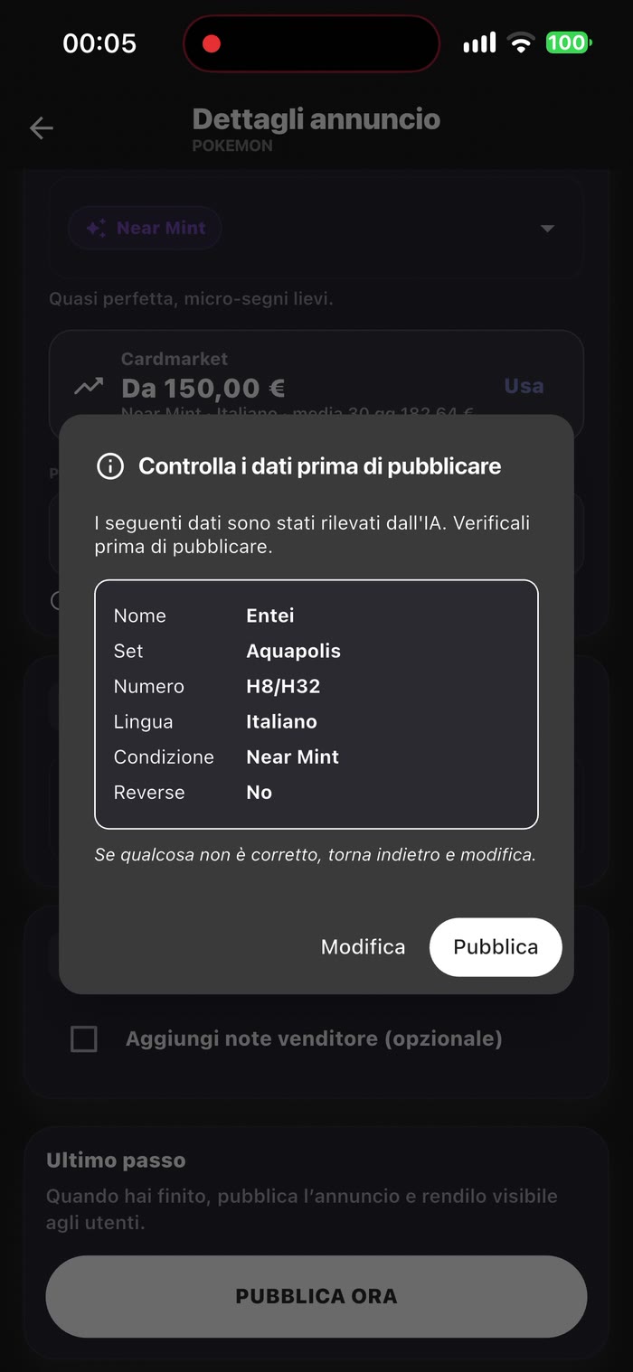 Riepilogo prima di pubblicare con i dati rilevati dall'AI e i pulsanti Modifica e Pubblica
