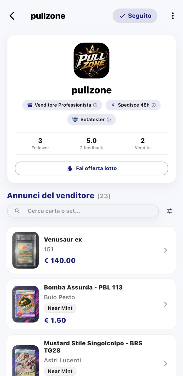 Profilo di un venditore con badge, feedback e il pulsante Seguito